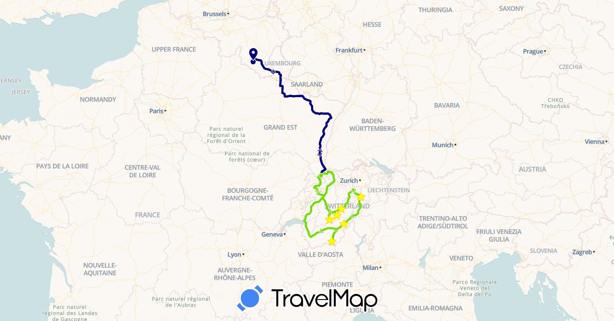 TravelMap itinerary: driving, van in Belgium, Switzerland, France (Europe)